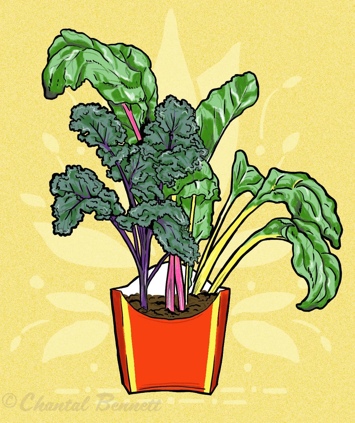 Food conceptual magazine editorial colorful illustration of a potted plant with large green and purple leaves  by Chantal Bennett.