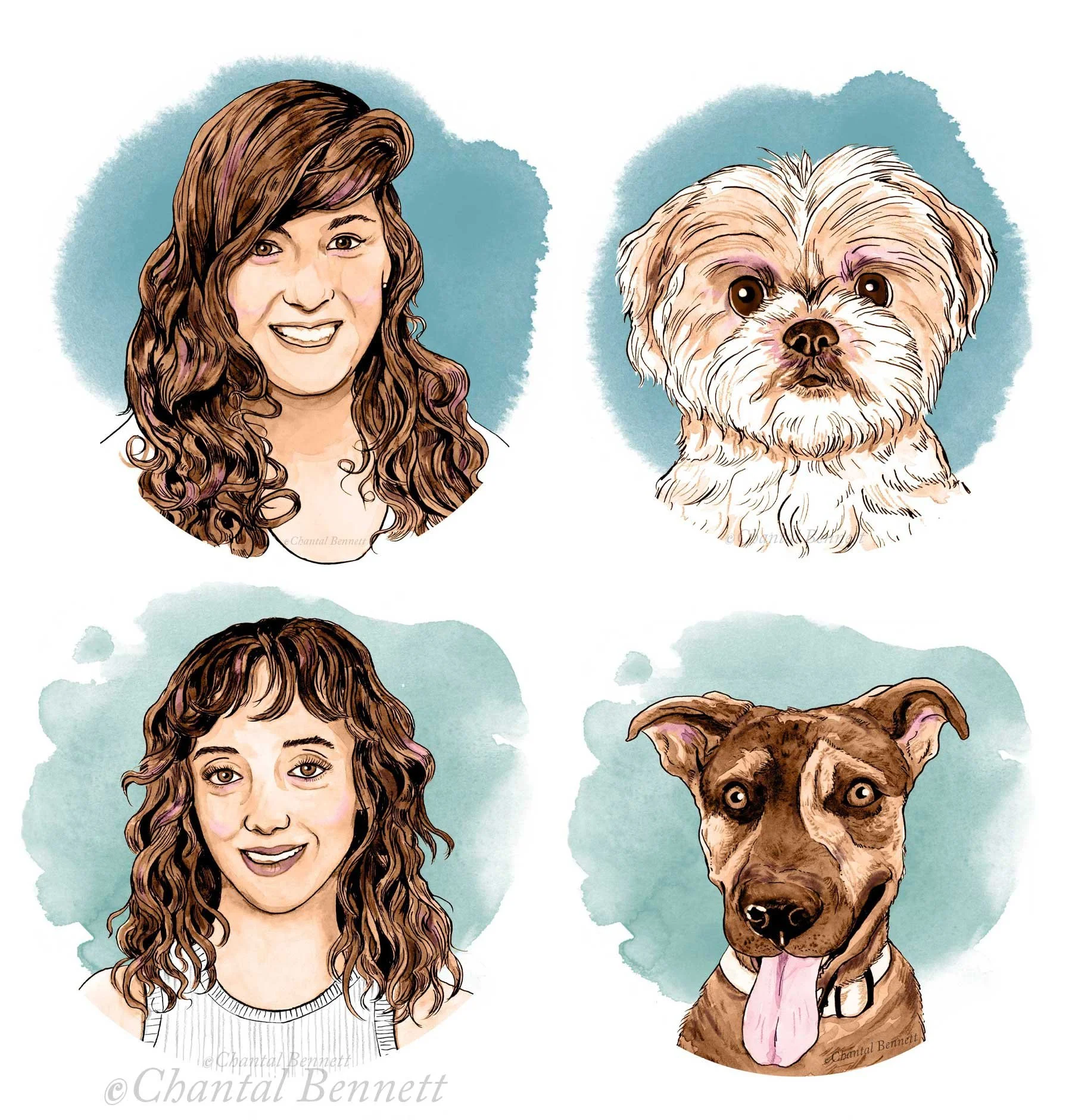 Portrait headshot illustrations of a woman and a dog, each with a matching portrait above their head.  The backgrounds are light blue watercolor splashes.  by Chantal Bennett.
