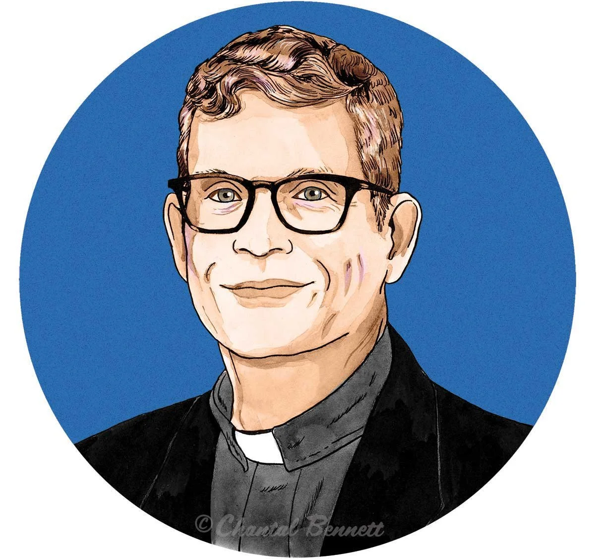 Digital illustration of a priest wearing glasses, a clerical collar, and a black robe, with a light smile, against a blue circular background.