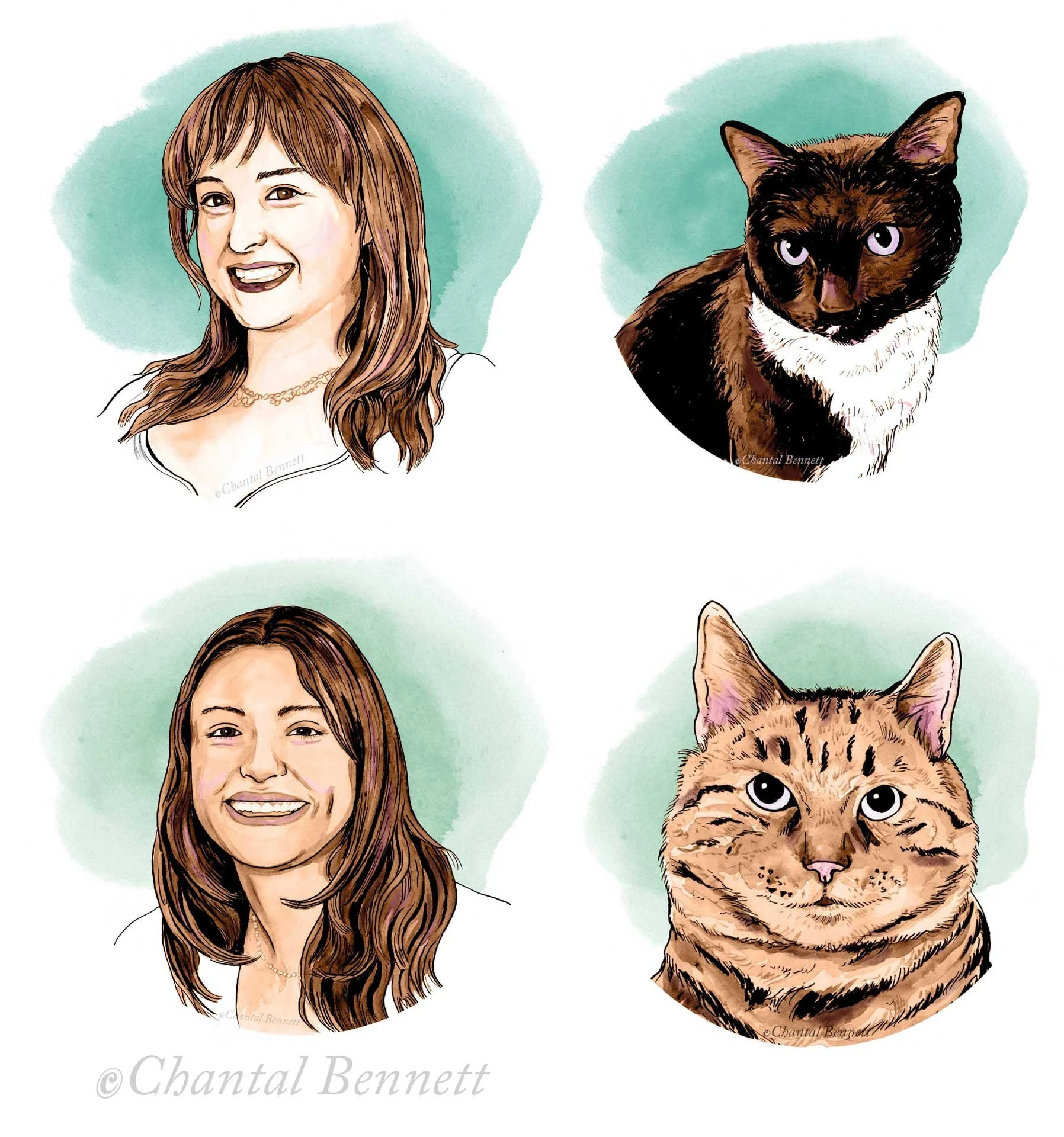 Portrait headshot illustrations of a woman and a dog, each with a matching portrait above their head.  The backgrounds are light blue watercolor splashes.  by Chantal Bennett.