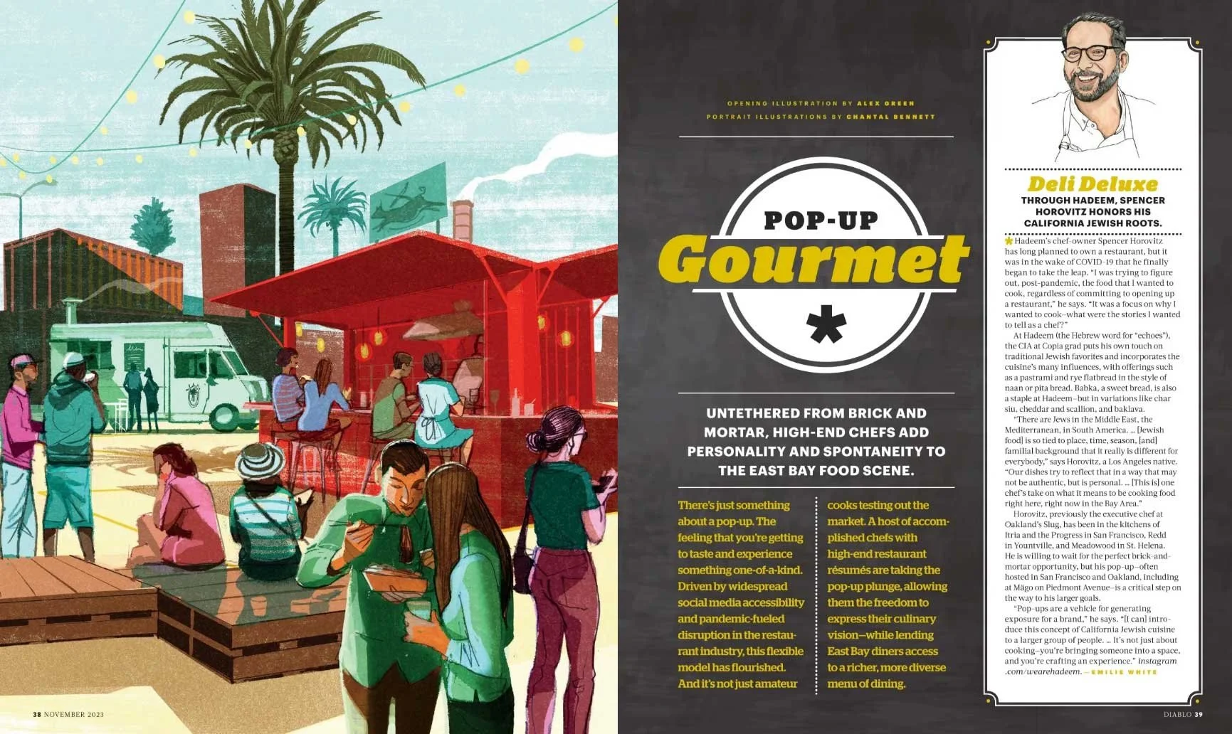 Magazine editorial Illustration of an outdoor street scene featuring people at a pop-up gourmet food stand, palm trees, and a food truck, with a social and vibrant atmosphere.  by Chantal Bennett.