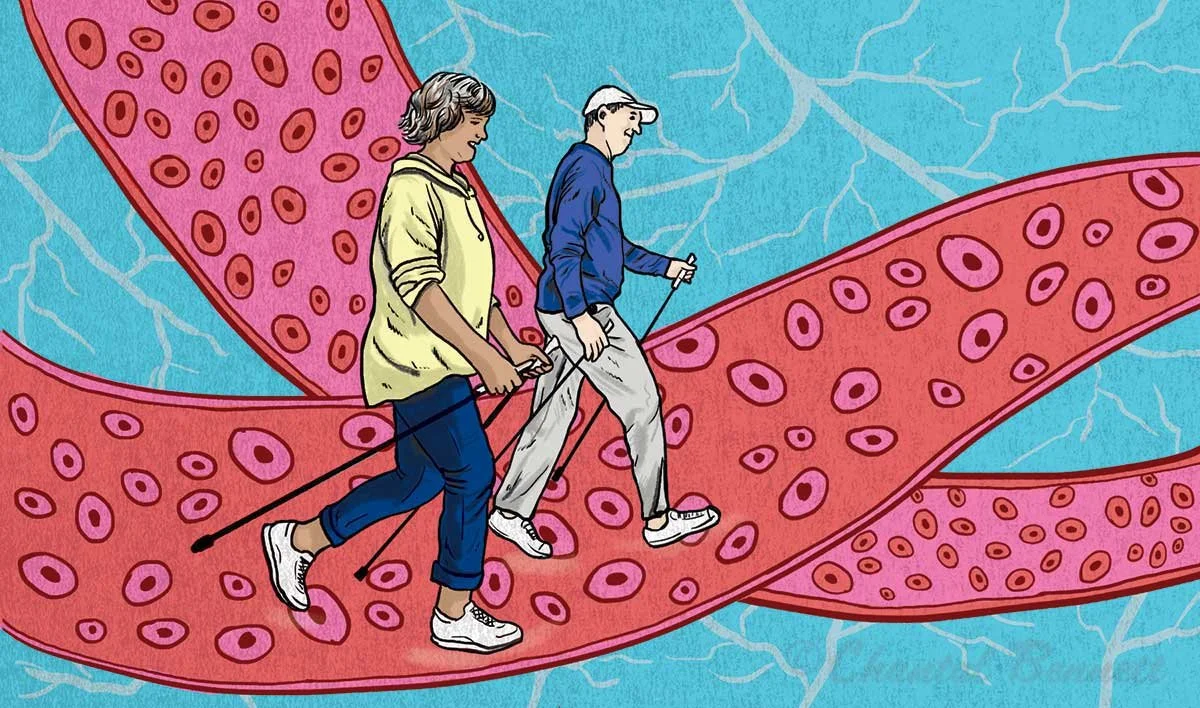 Medical conceptual magazine illustration Two people walking on a giant strand of pink and red bacteria with purple cells, with a blue background and light blue cracked lines  by Chantal Bennett.