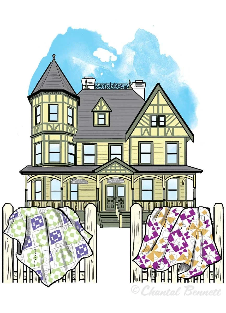 Seattle met Travel spot Illustration of a large Victorian-style house with a front porch, turret, and gabled roof, behind a wooden fence with two colorful patchwork quilts draped over the fence  by Chantal Bennett.