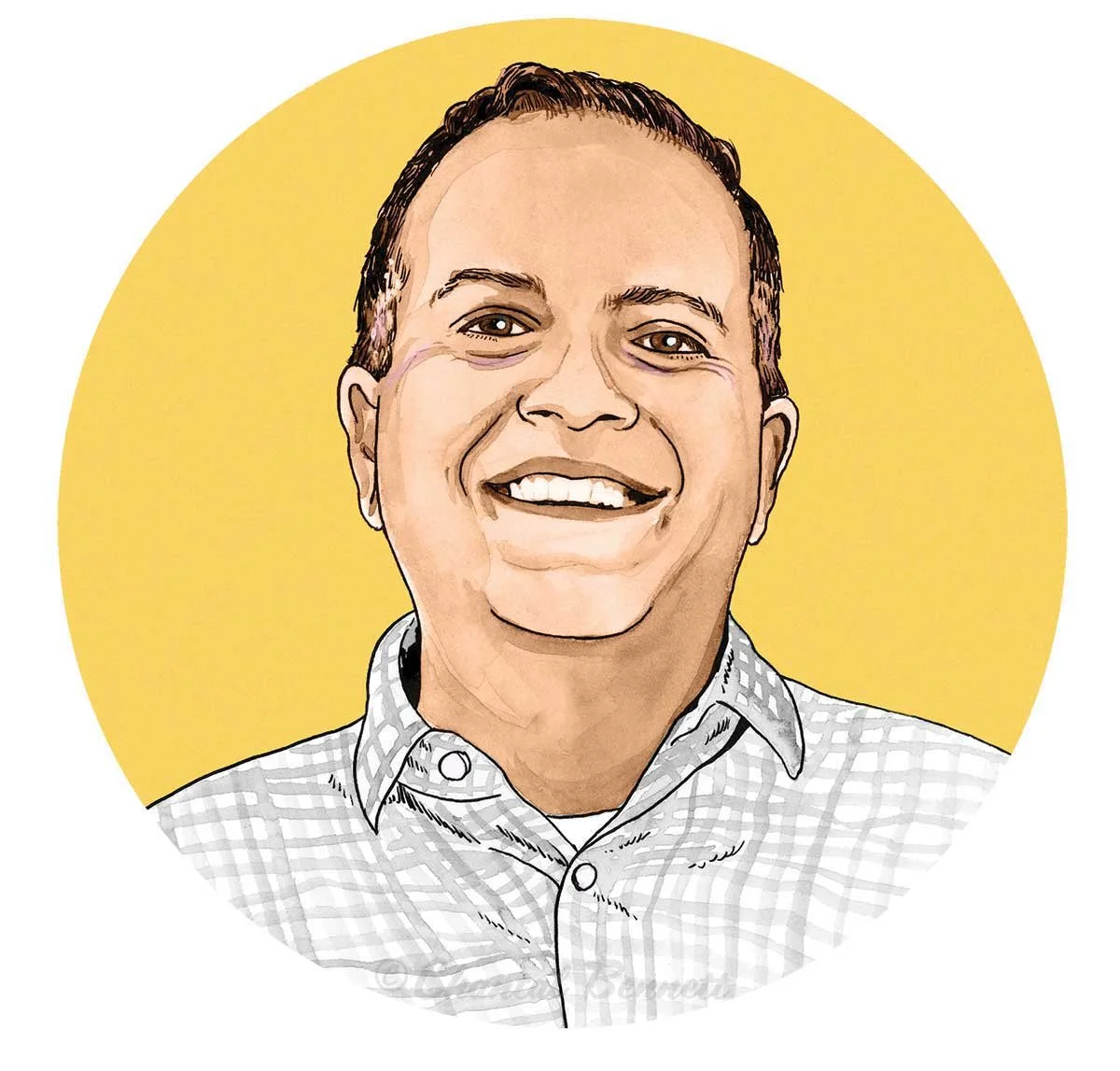 Portrait headshot illustration of a smiling man wearing a light checked shirt with a yellow circular background  by Chantal Bennett.
