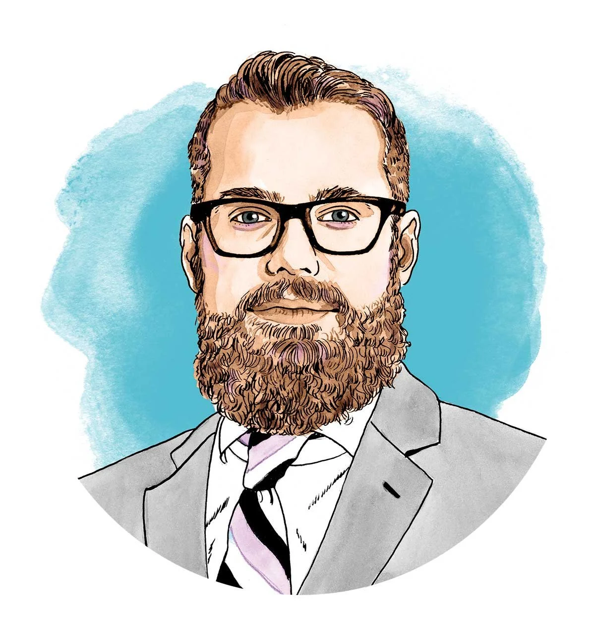 A portrait headshot illustration of a man with a full beard, glasses, and short, styled hair, wearing a suit and tie, against a light blue background  by Chantal Bennett.