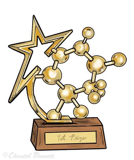 Medical conceptual magazine spot illustration of A trophy with a star and a molecular structure, labeled "1st Prize.  by Chantal Bennett.