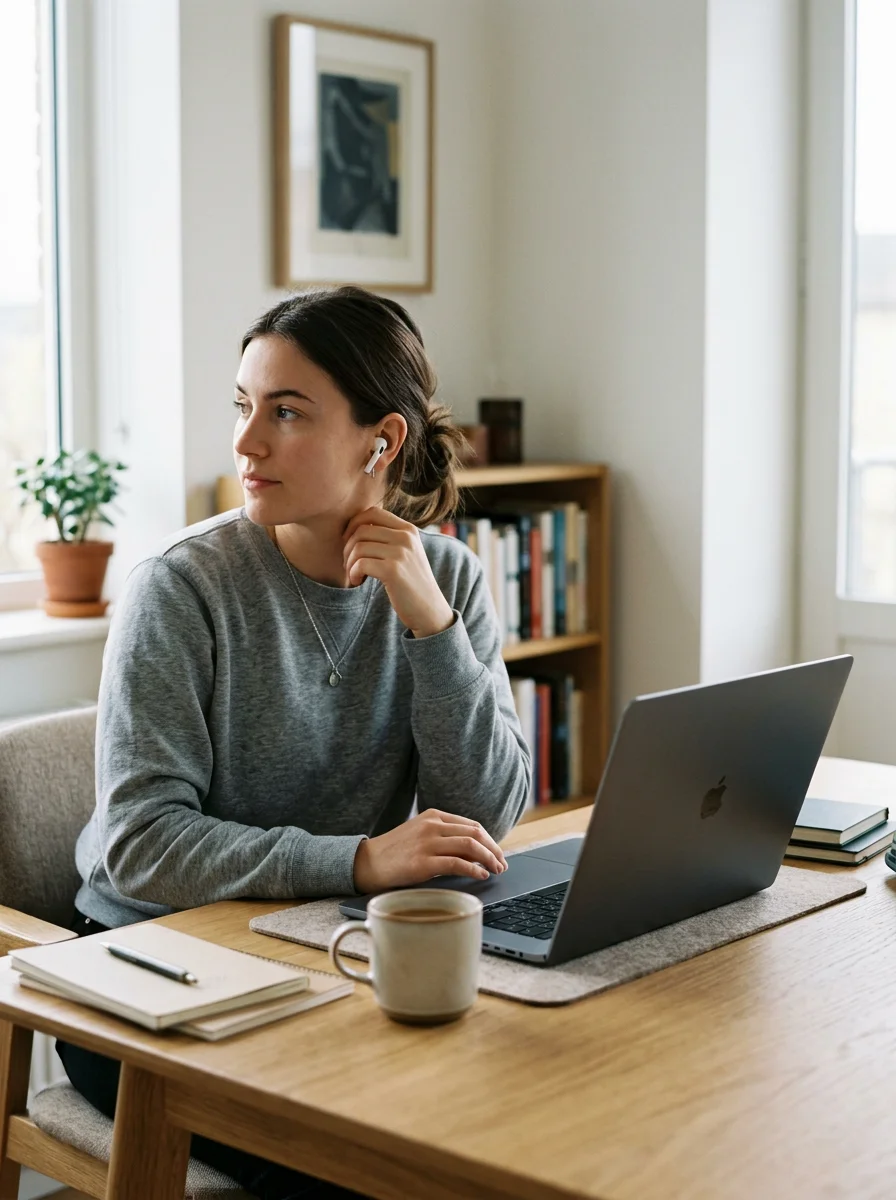 Woman wearing wireless earbuds working on a laptop at a wooden desk with coffee and notebooks