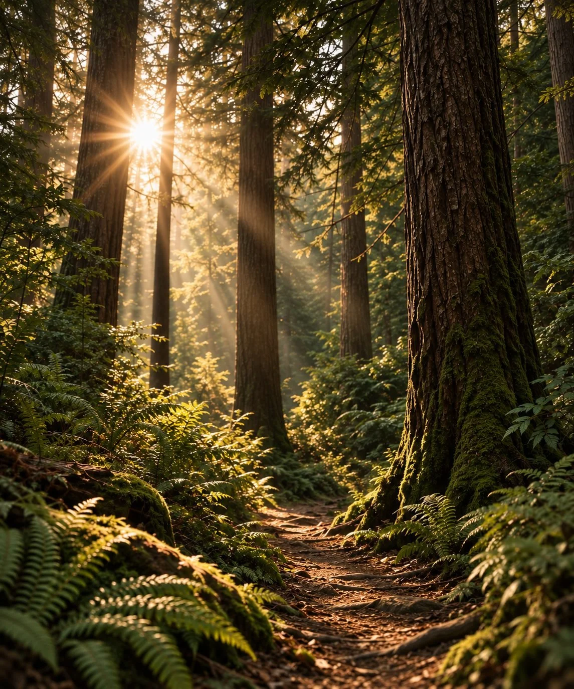 Sunlight streams through towering redwood trees onto a fern-lined forest trail.