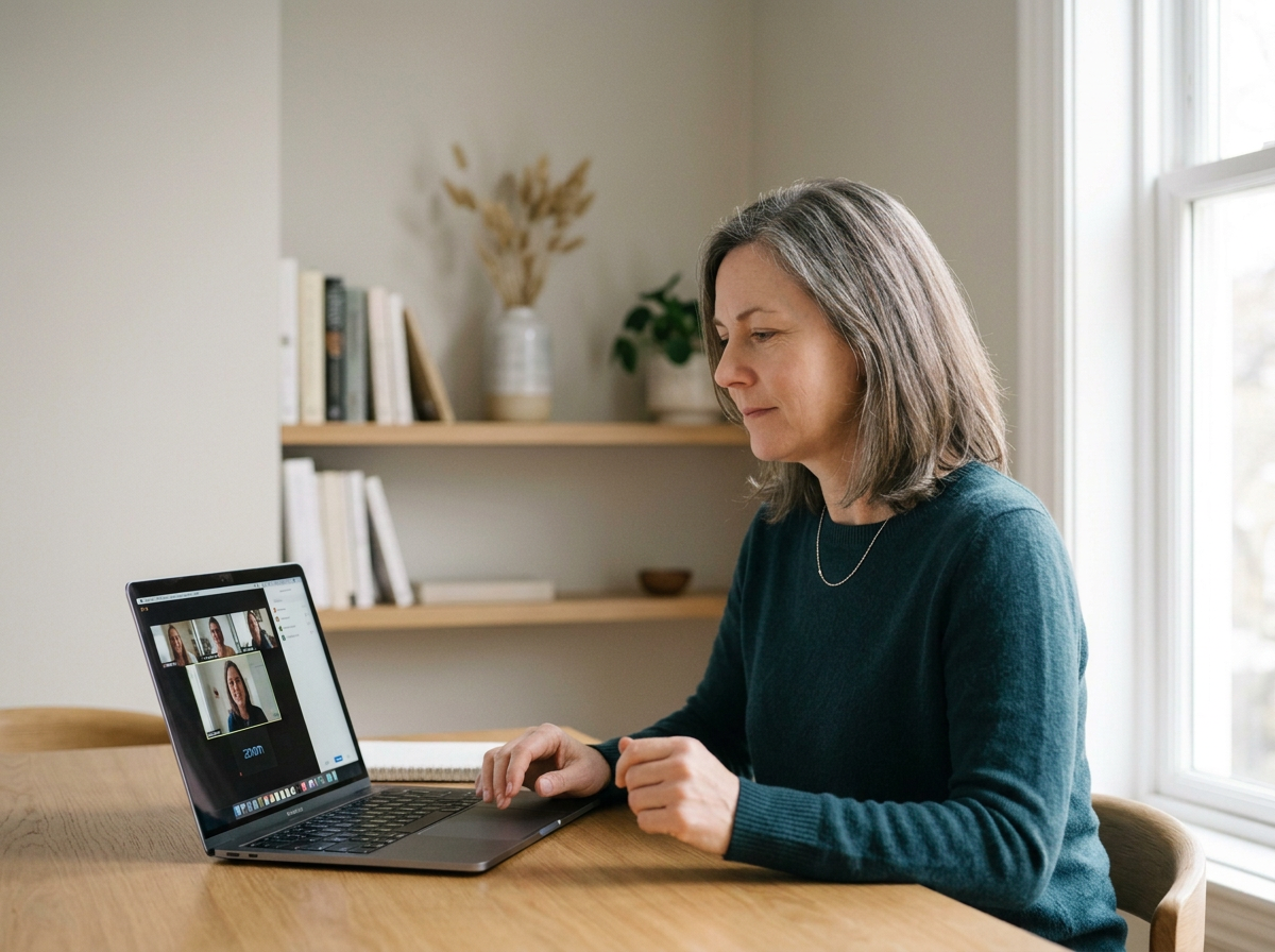 Middle-aged woman attending a video conference on a laptop at a dining table