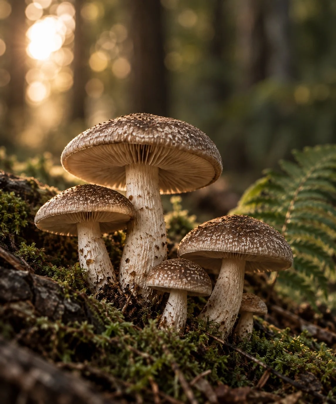 Group of brown, white-speckled mushrooms growing in moss on a forest floor at sunset