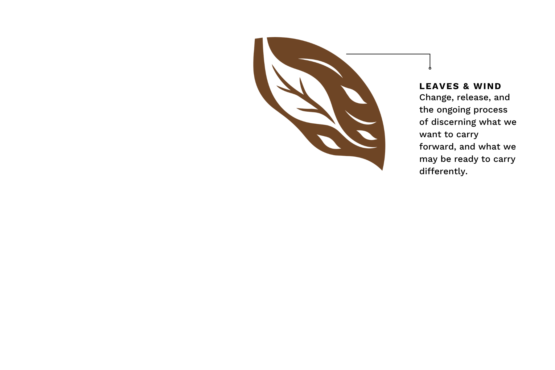 Stylized brown leaf logo with decorative cutout veins on a black background