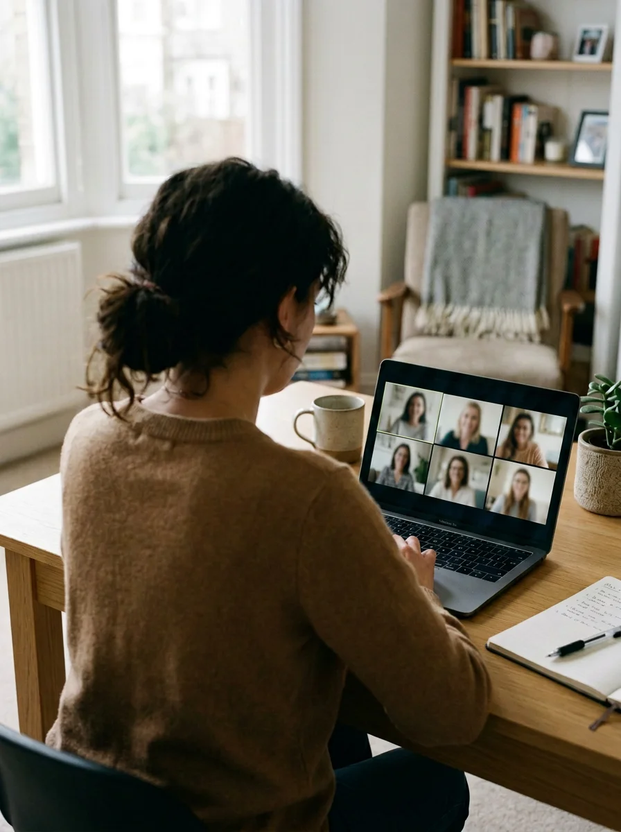 Woman working from home on a laptop during a video conference call
