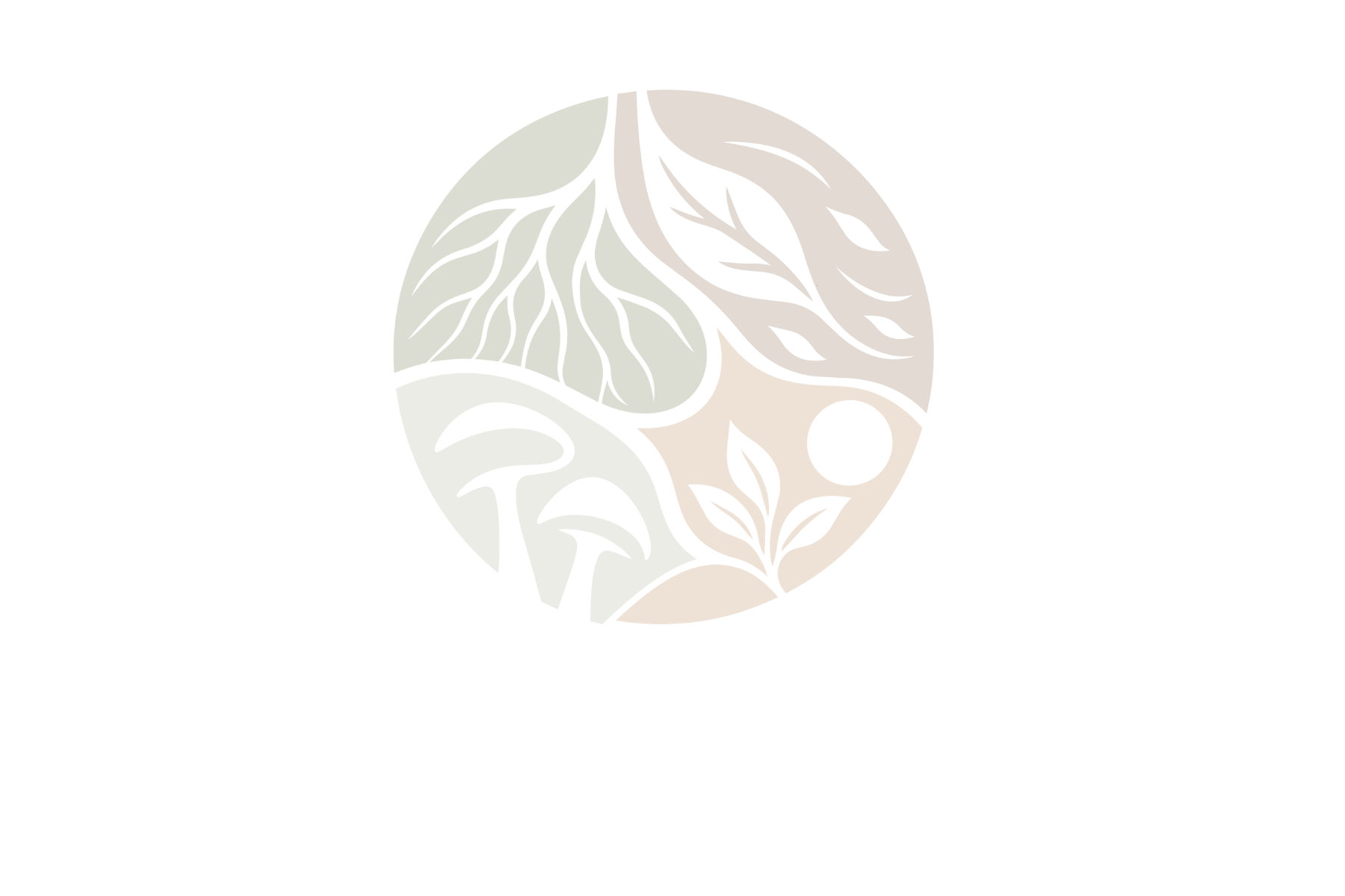 Stylized circular logo featuring overlapping green and brown leaves with abstract organic shapes on a black background