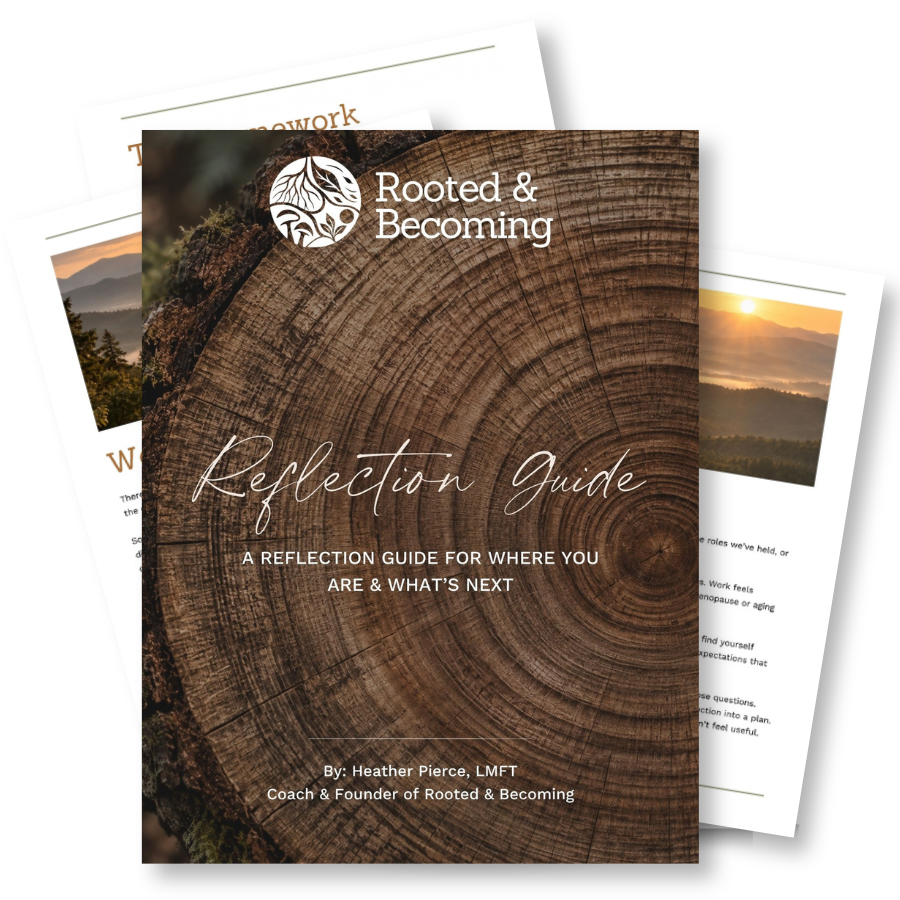 Rooted & Becoming Reflection Guide by Heather Pierce, featuring a tree cross-section cover and mountain landscape worksheets
