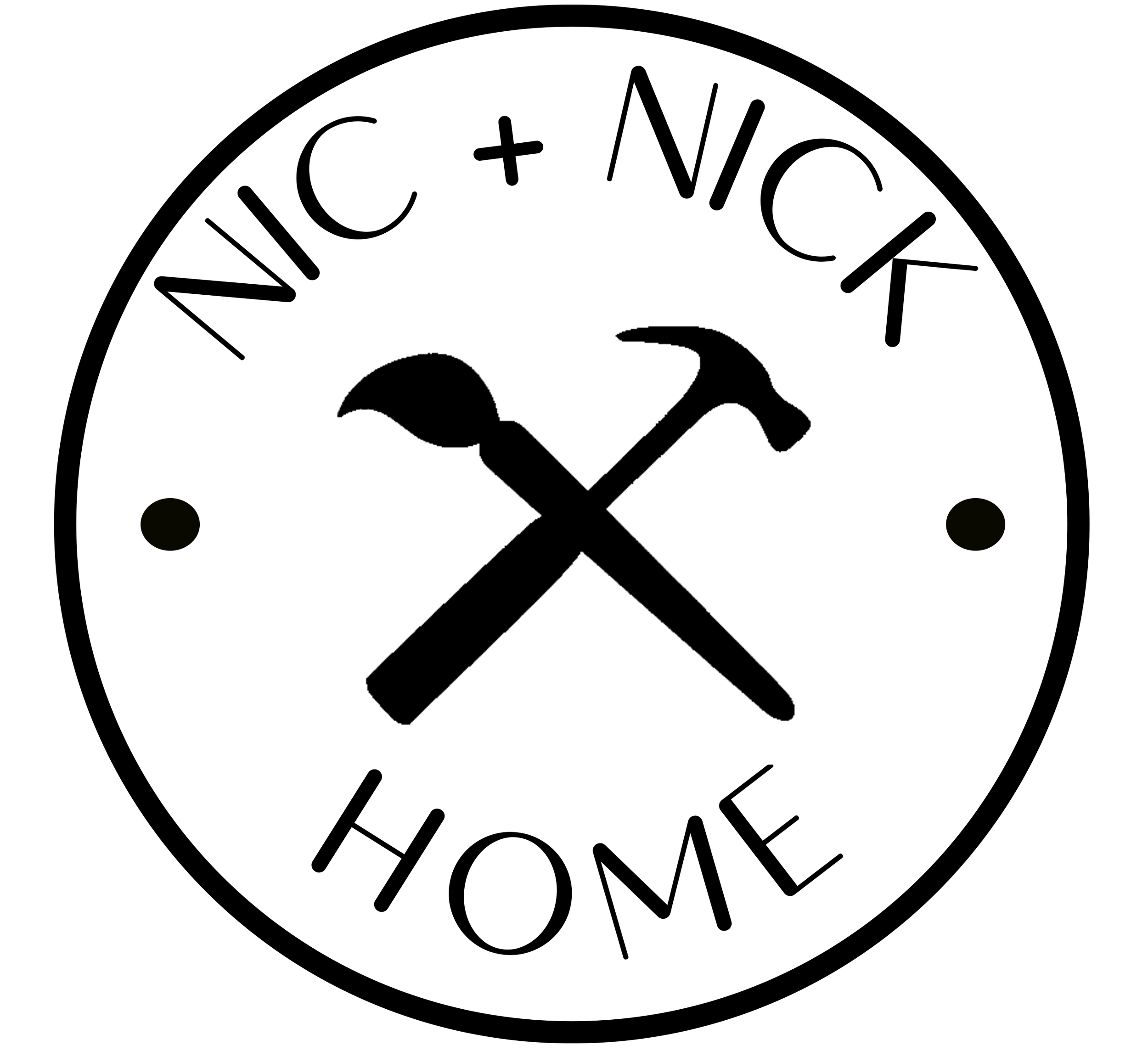 A black and white drawing of a hammer and paint brush depicting the Nic and Nick Home Logo