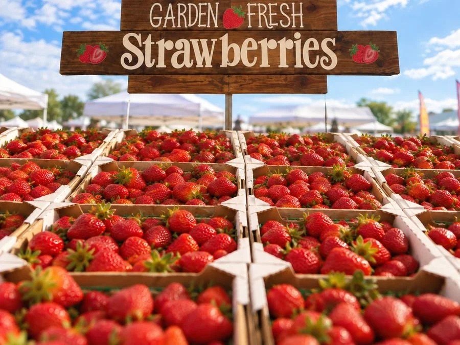 Crates of garden fresh strawberries