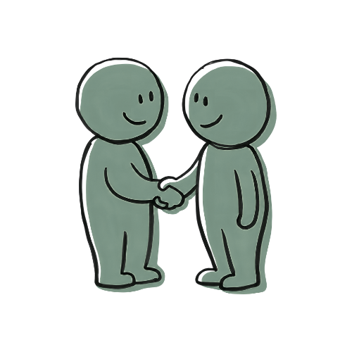 Two cartoon figures shaking hands and smiling.