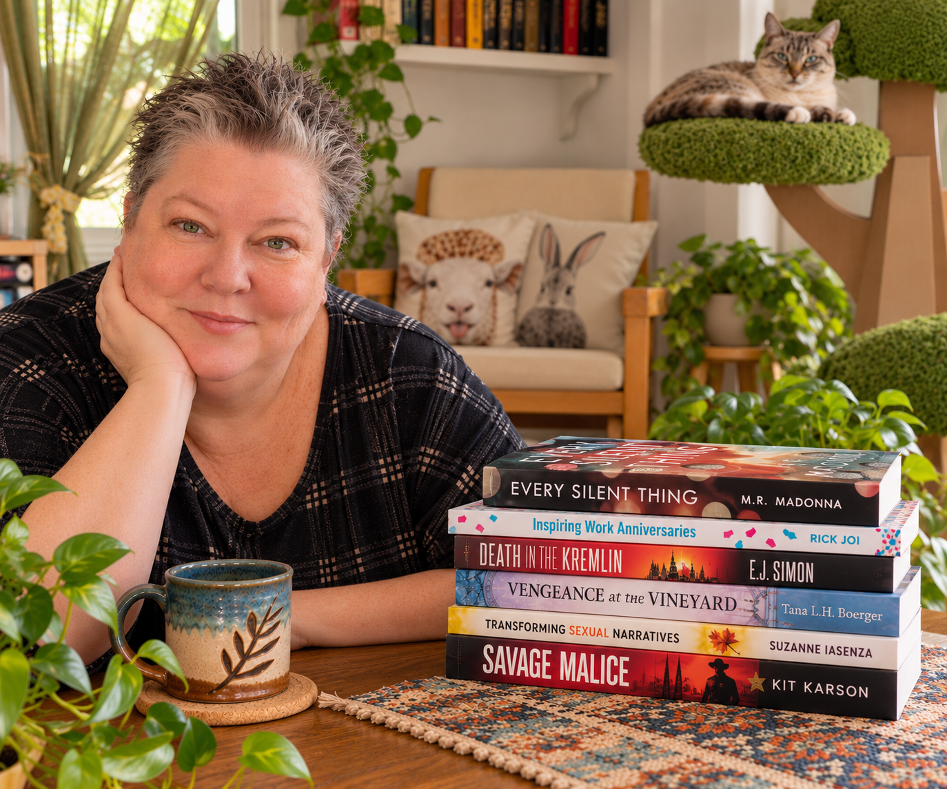 A woman sitting at a wooden table with a stack of books in front of her, a mug beside the books, and a green plant nearby. In the background, there is a cozy room with a couch, decorated pillows, and a cat lounging on a green cat tree.