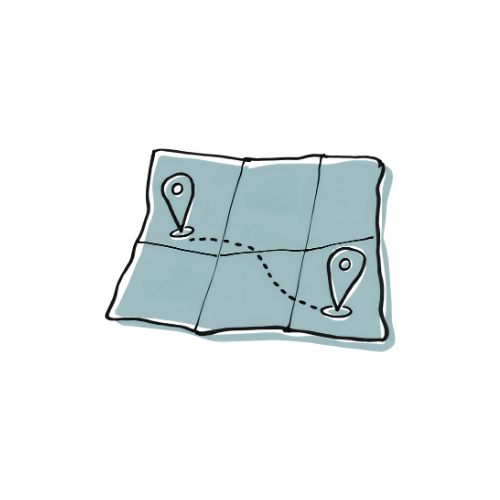 Hand-drawn map with two location pins connected by a dotted line.