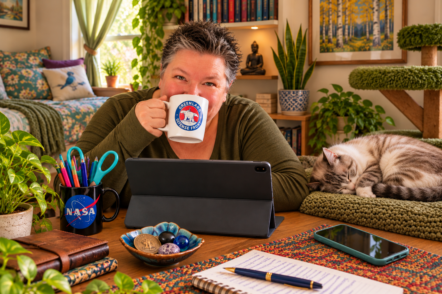 A person with short spiky gray hair drinks from a white mug with a Greenland Defense Front logo while sitting at a cluttered desk in a cozy, plant-filled room. A sleeping striped cat rests on a green rug nearby. The desk has a tablet, a smartphone, a pen, a notebook, a NASA mug filled with colorful pens, and a small bowl with decorative stones and coins. The background features bookshelves, framed art, and green plants.