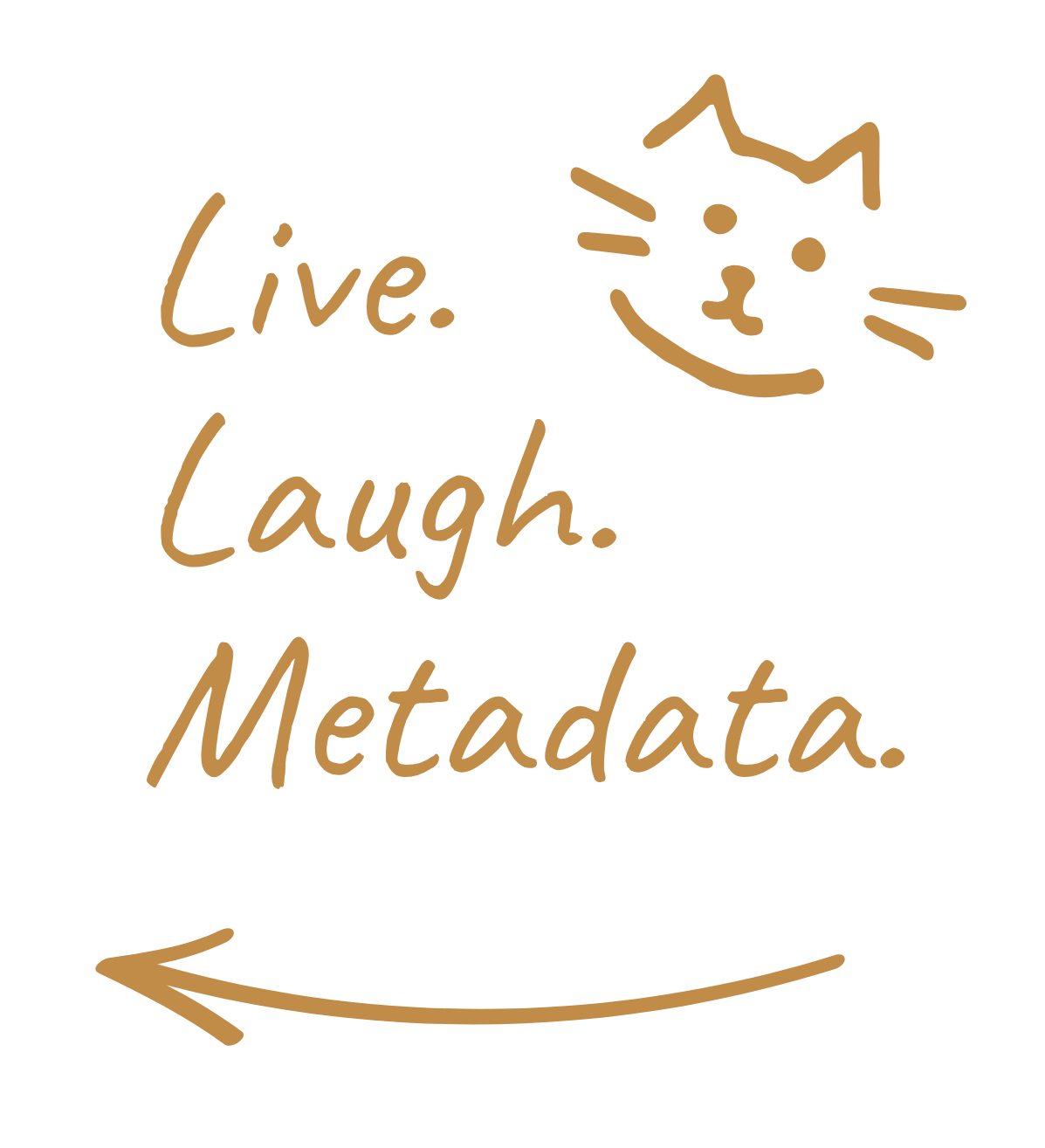 A handwritten-style graphic on a black background with a cat's face doodle. The text reads 'Live. Laugh. Metadata.' with a curved arrow pointing to the left.