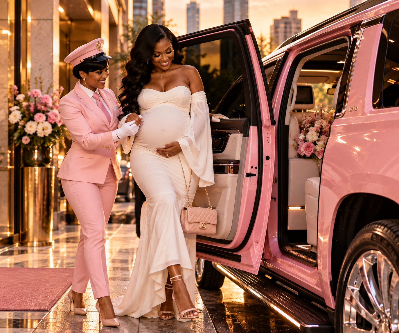 A pregnant woman in a white dress with off-shoulder sleeves is stepping out of a pink luxury vehicle, assisted by a woman in a pink suit and hat. The scene appears to be at a formal event or celebration, with floral arrangements and city buildings in the background.