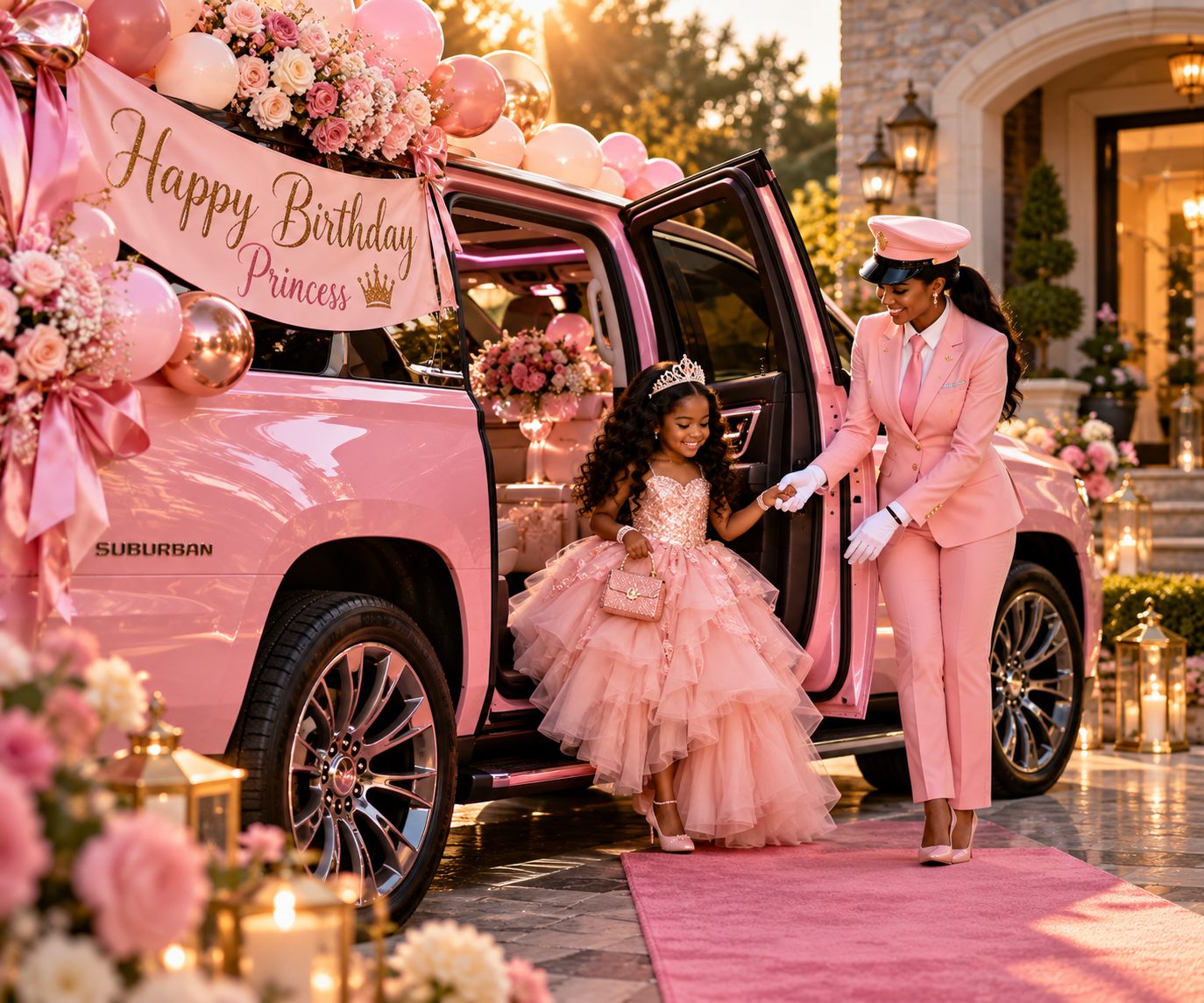 A young girl in a pink princess dress and crown stepping out of a pink decorated limousine, holding hands with a woman in a pink suit and cap, in front of a lavish residence with flowers and lanterns