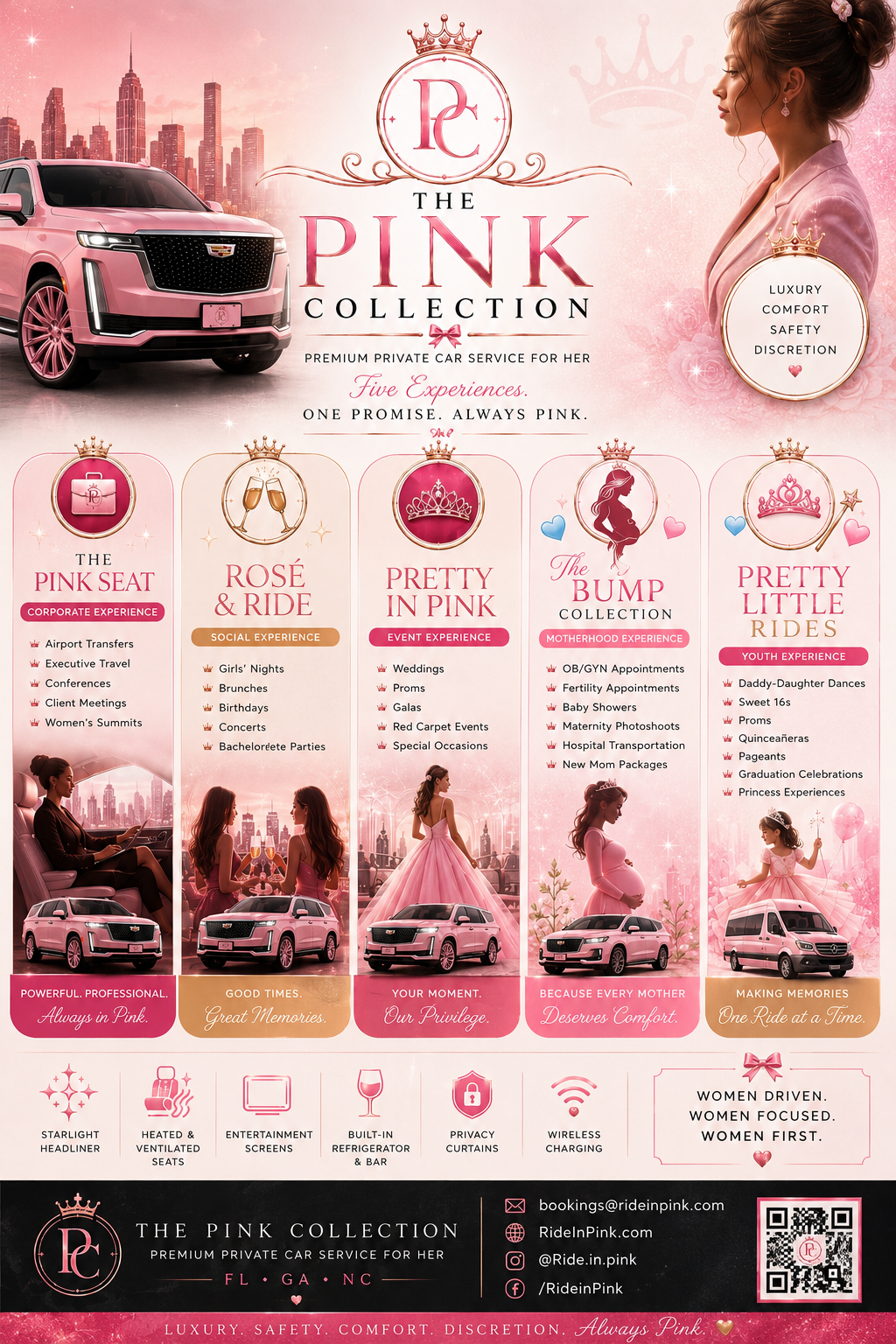 Advertisement for The Pink Collection luxury private car service, featuring a pink Cadillac SUV, a woman in pink attire, and various event packages with pink-themed graphics and text emphasizing luxury, safety, comfort, and discretion.