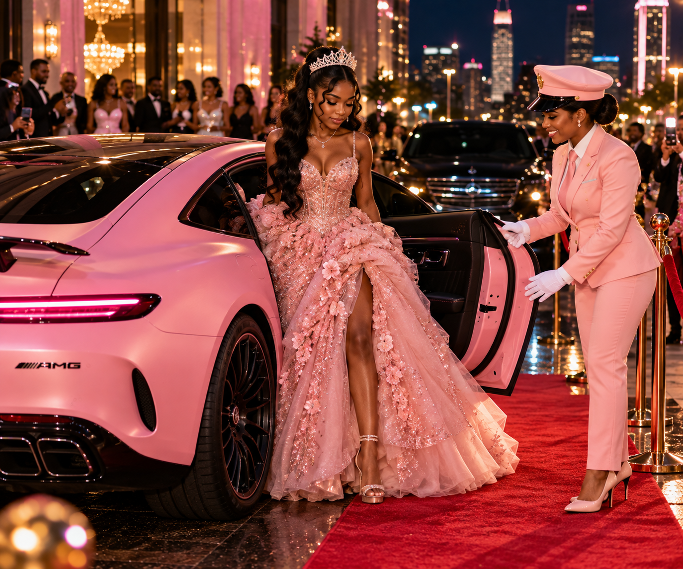 A young woman in an elegant pink ball gown with floral embellishments sits in a luxury pink car, assisted by a woman in a pink military-style uniform, as she prepares to exit onto a red carpet. There are onlookers and city lights in the background.