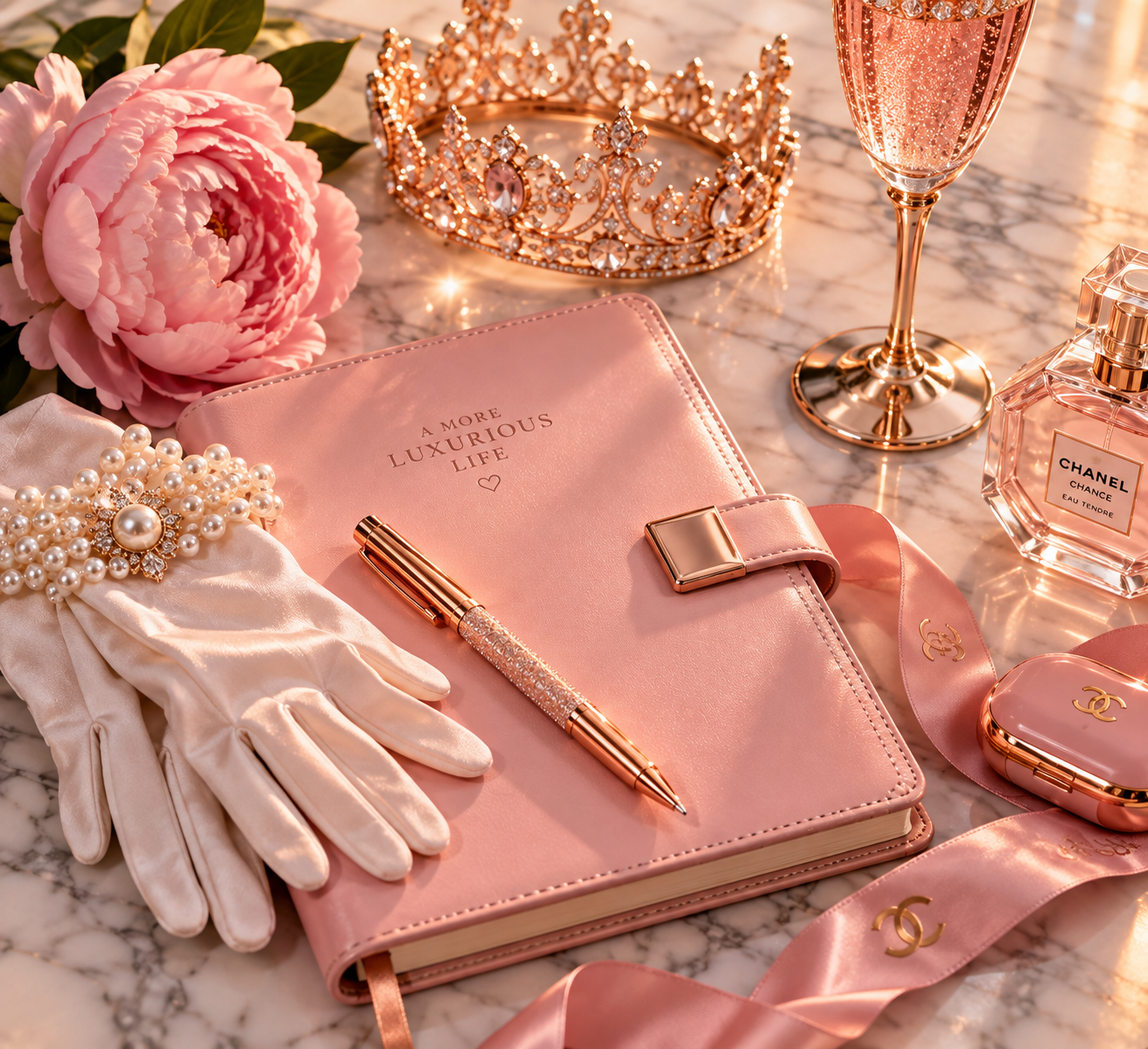 A pink planner with the words 'A MORE LUXURIOUS LIFE' and a heart on the cover, surrounded by a pearl and rhinestone brooch, white gloves, a pink pen, a tiara, a glass of sparkling rose champagne, Chanel perfume, and pink Chanel accessories, all on a marble surface.