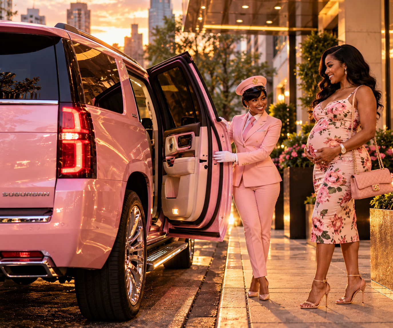 A pregnant woman in a floral dress standing outside a pink luxury SUV, talking with a woman in a pink uniform who appears to be a chauffeur, at sunset in an urban area.