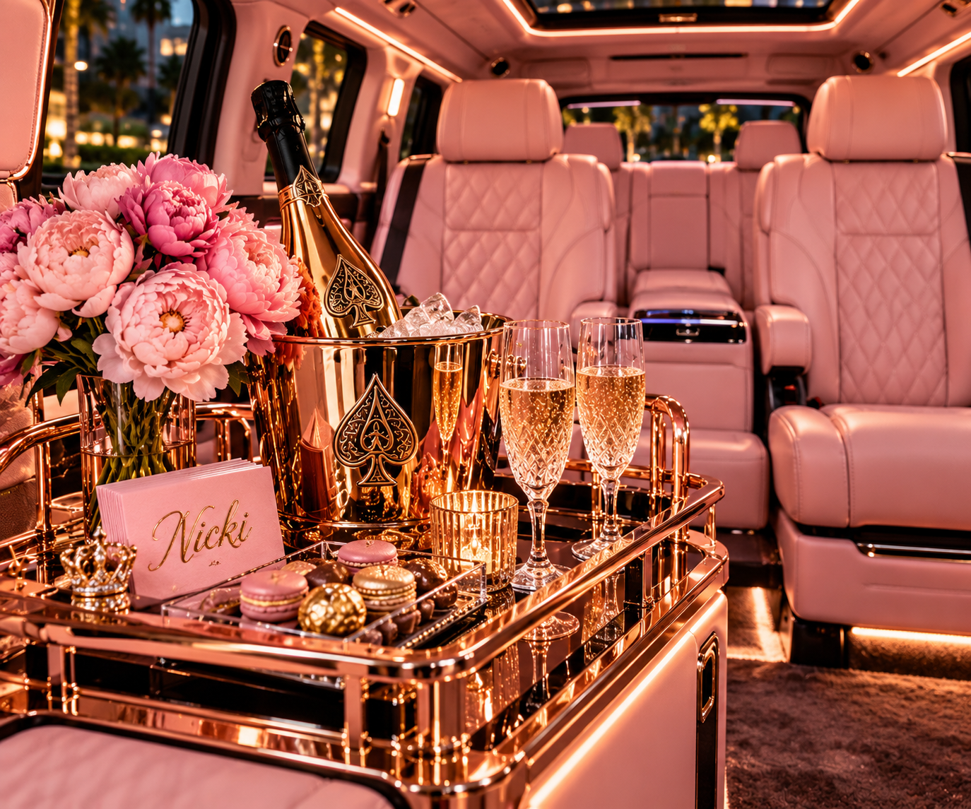 Luxury limousine interior with pink leather seats, a table with a bouquet of pink peonies, a bottle of champagne, glasses of champagne, decorated macaron cookies, a pink name card with 'Nicki', and gold accents.