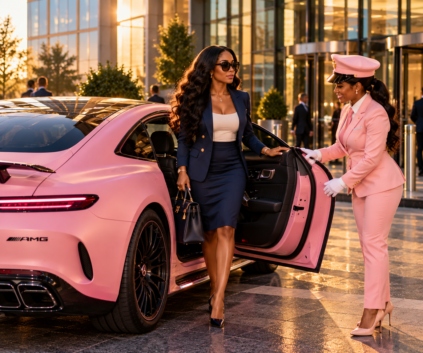 A woman in a navy blazer and skirt stepping out of a pink luxury car while a chauffeur in a pink uniform opens the door for her in a city setting during sunset.