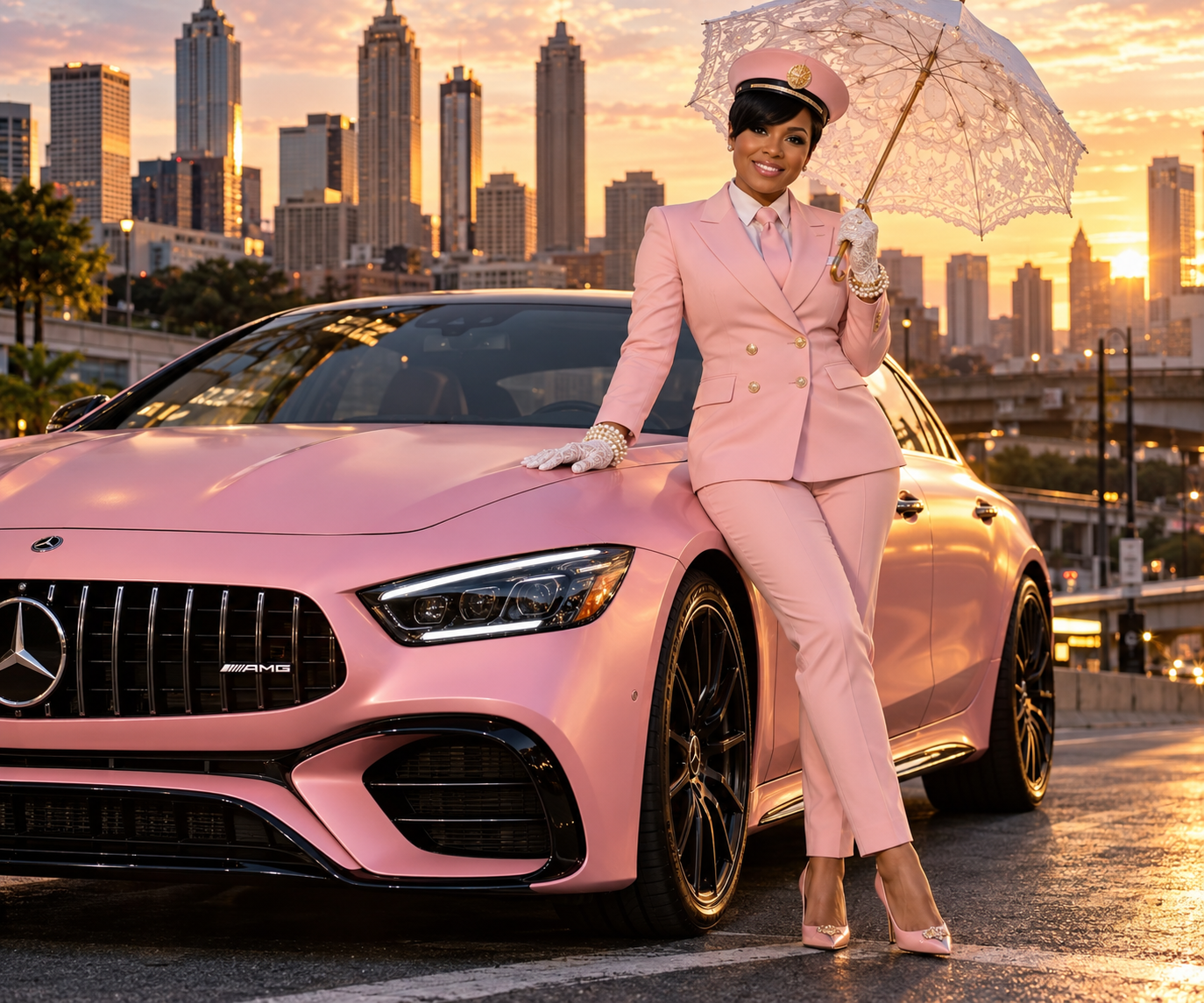 A woman in a pink suit and matching heels is leaning against a pink Mercedes-Benz car, holding a lace parasol, with a city skyline at sunset in the background.