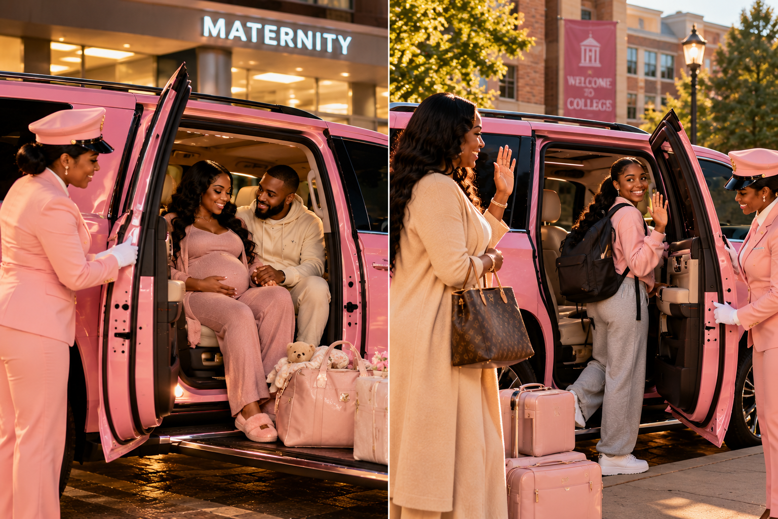A pregnant woman and her partner are sitting inside a pink limousine, smiling. A woman in a pink uniform is greeting her. Outside, another woman with a backpack is waving, standing near the limousine, in a college campus setting with trees and buildings in the background in the evening.