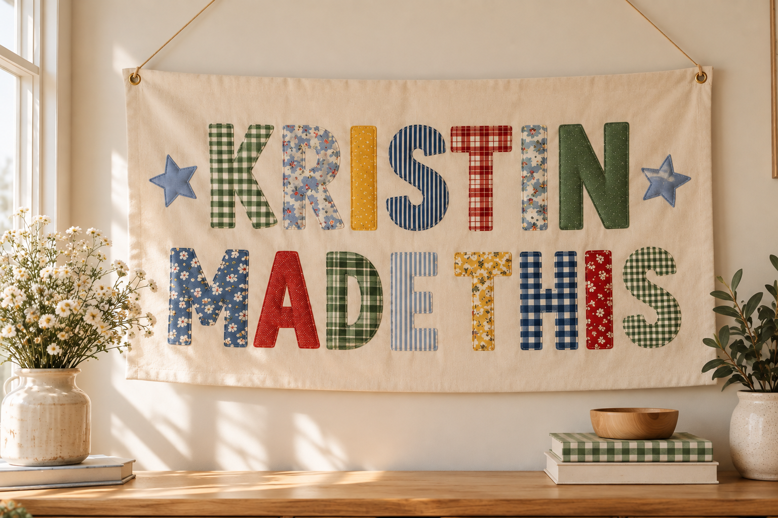 Decorative fabric with the words 'Christmas MATHS' in colorful, patterned letters, hanging on a wall with plants and books on a wooden surface below.