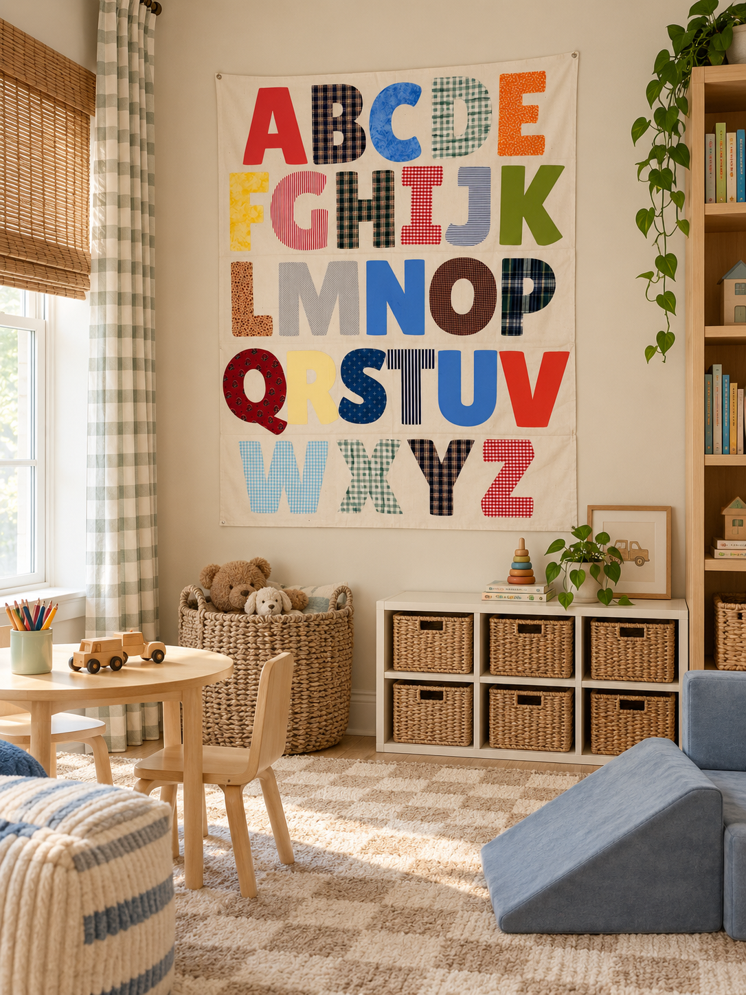 Kids' playroom with an alphabet quilt on the wall, wooden toys on a table, stuffed animals in a basket, woven storage bins, a bookshelf with books and decor, and a blue foam animal-shaped seat.