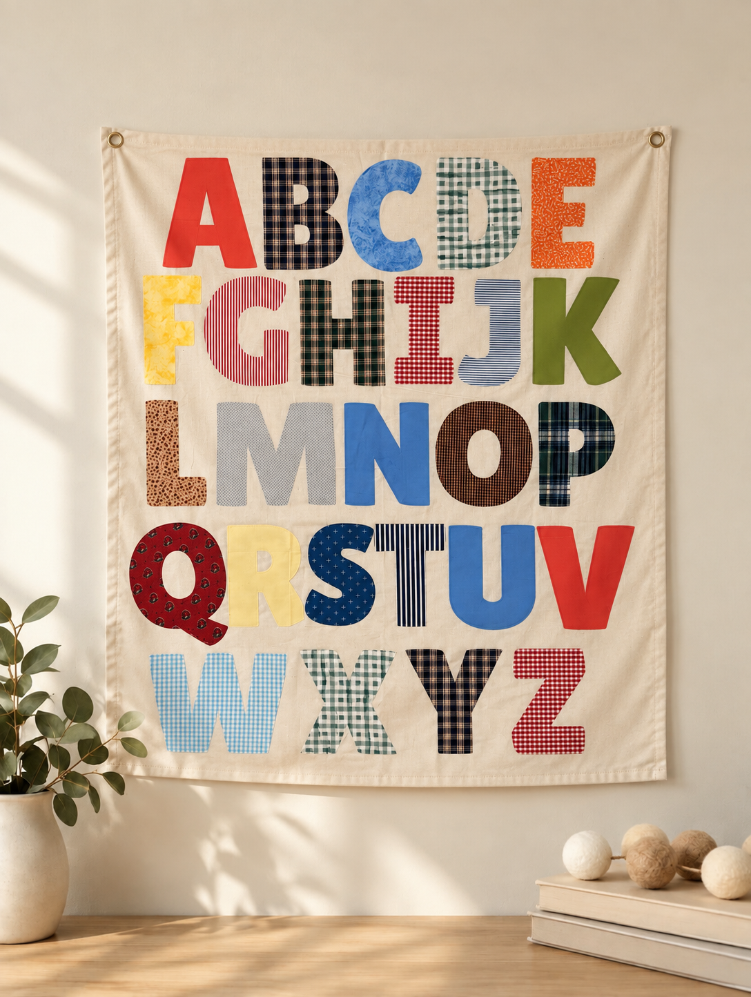 Decorative fabric wall hanging featuring colorful alphabet letters in various patterns on a white background.
