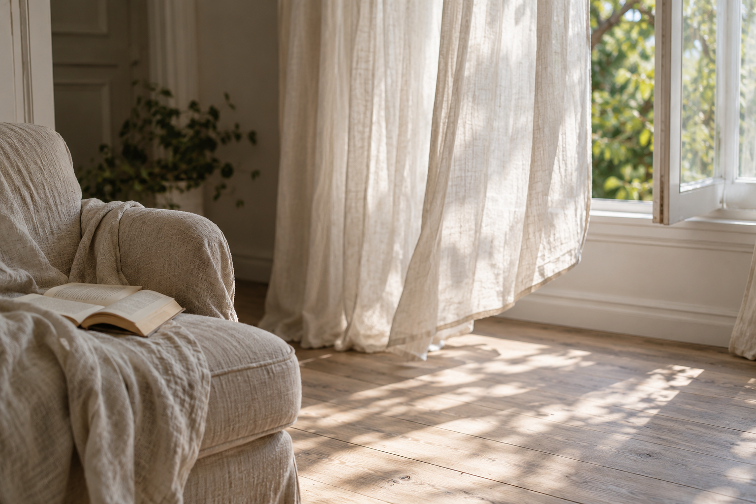 Sunlight streaming through an open window with sheer curtains onto a wooden floor, a beige upholstered sofa with an open book on it, and some green plants in the background.