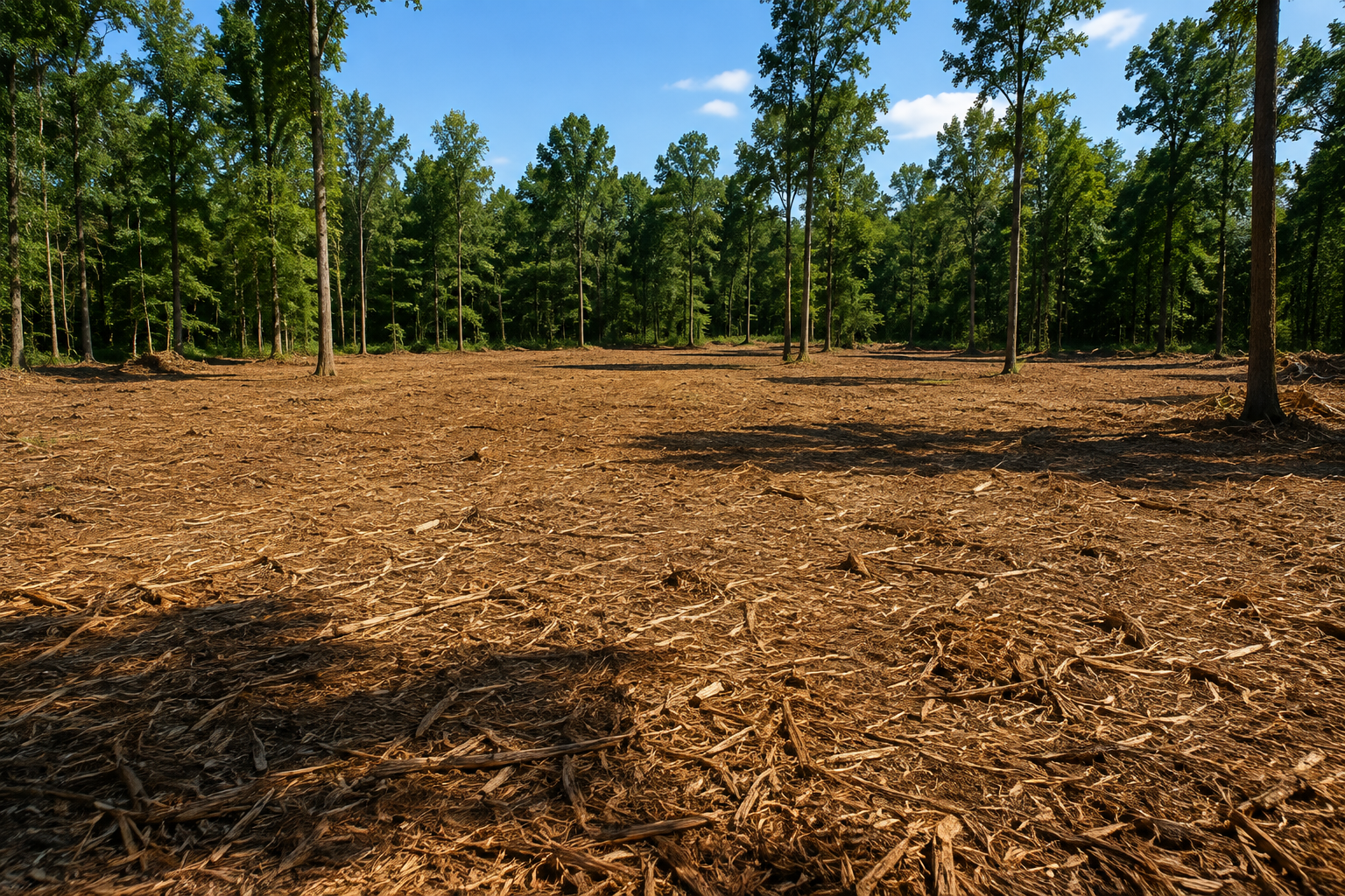 Cleared land with scattered tree trunks and a green forest in the background under a blue sky.