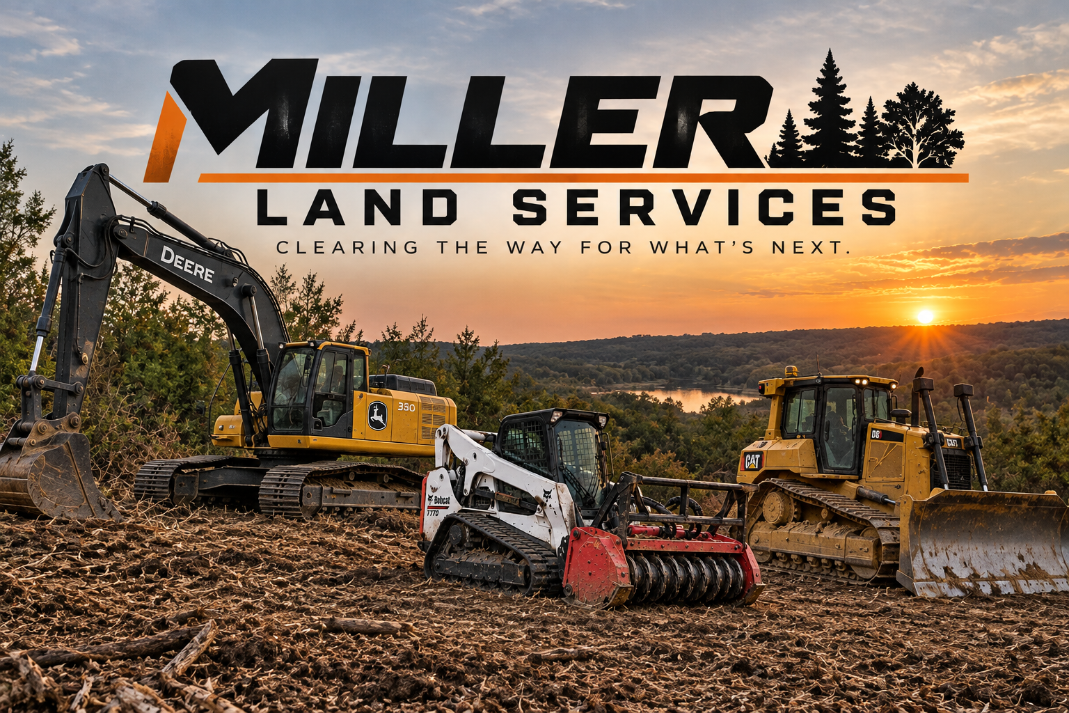 Land clearing equipment including an excavator, a skid steer, and a bulldozer on a cleared land at sunset with a scenic landscape and trees in the background, with the overlay text 'Miller Land Services' and the slogan 'Clearing the way for what's next.'