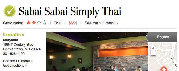 Washington Post review titled 'Sabai Sabai Simply Thai' showing the location in Germantown, Maryland, reviewed by food critic Tom Sietsema.