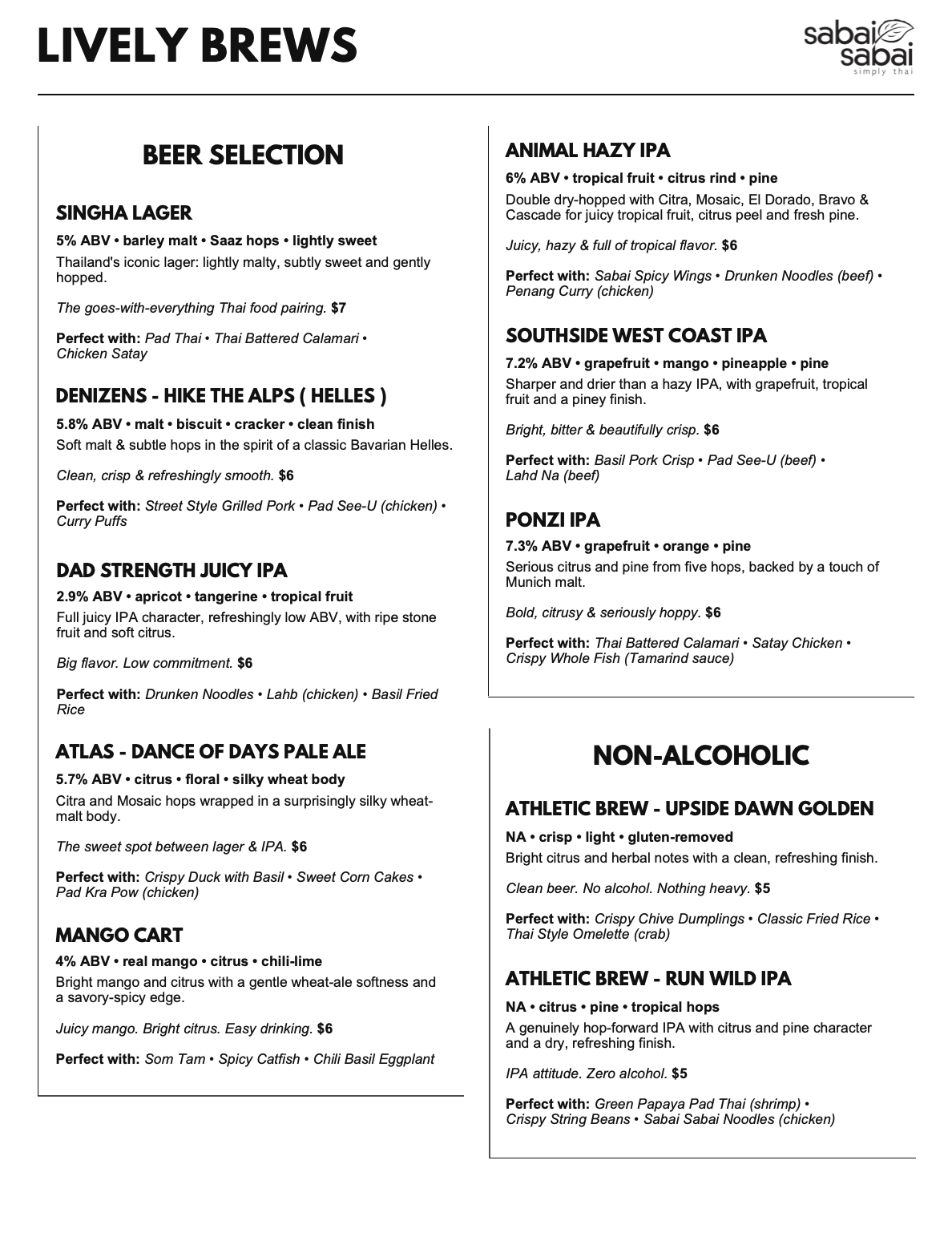 Sabai Sabai Lively Brews Beer Menu