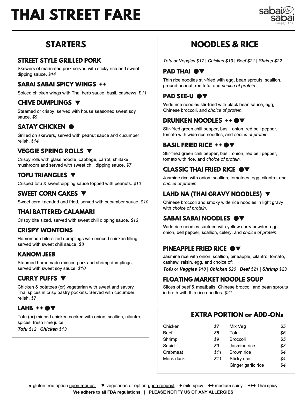 Sabai Sabai Thai Street Fare Menu