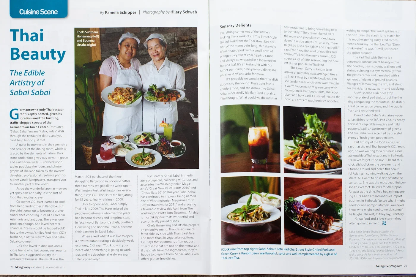 An article featuring Sabai Sabai Simply Thai in the Cuisine Scene section of Montgomery Magazine, reviewed by Pamela Schipper.
