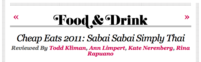 Screenshot of WASHINGTONIAN recognition for "Cheap Eats 2011: Sabai Sabai Simply Thai" reviewed by Todd Kliman, Ann Limpert, Kate Nerenberg, and Rina Rapuano.