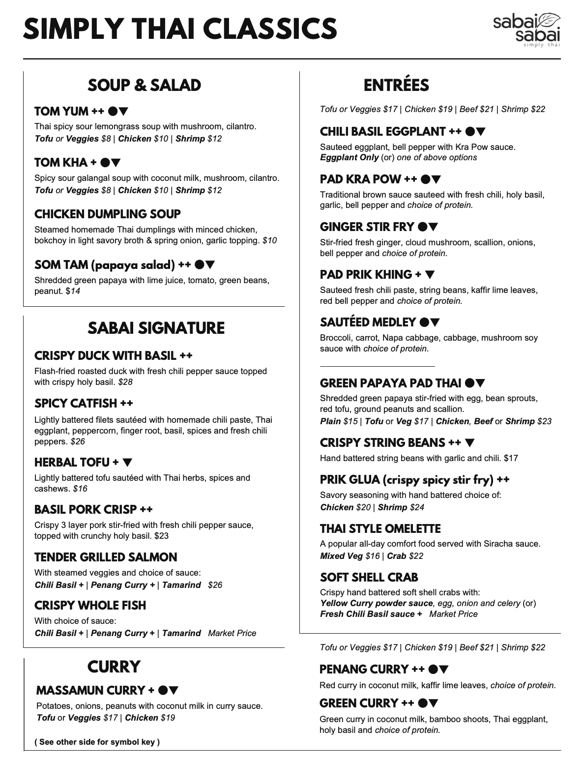 Sabai Sabai Thai Classics Menu