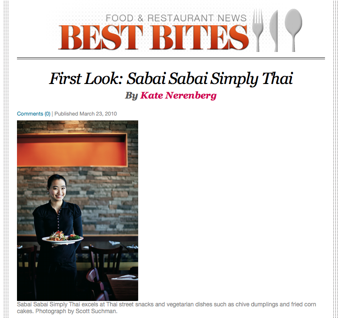 Featured article in WASHINGTONIAN Best Bites Blog, of Sabai Sabai Simply Thai, showing a photo of a young woman holding a plate of Thai food, reviewed by Kate Nerenberg.