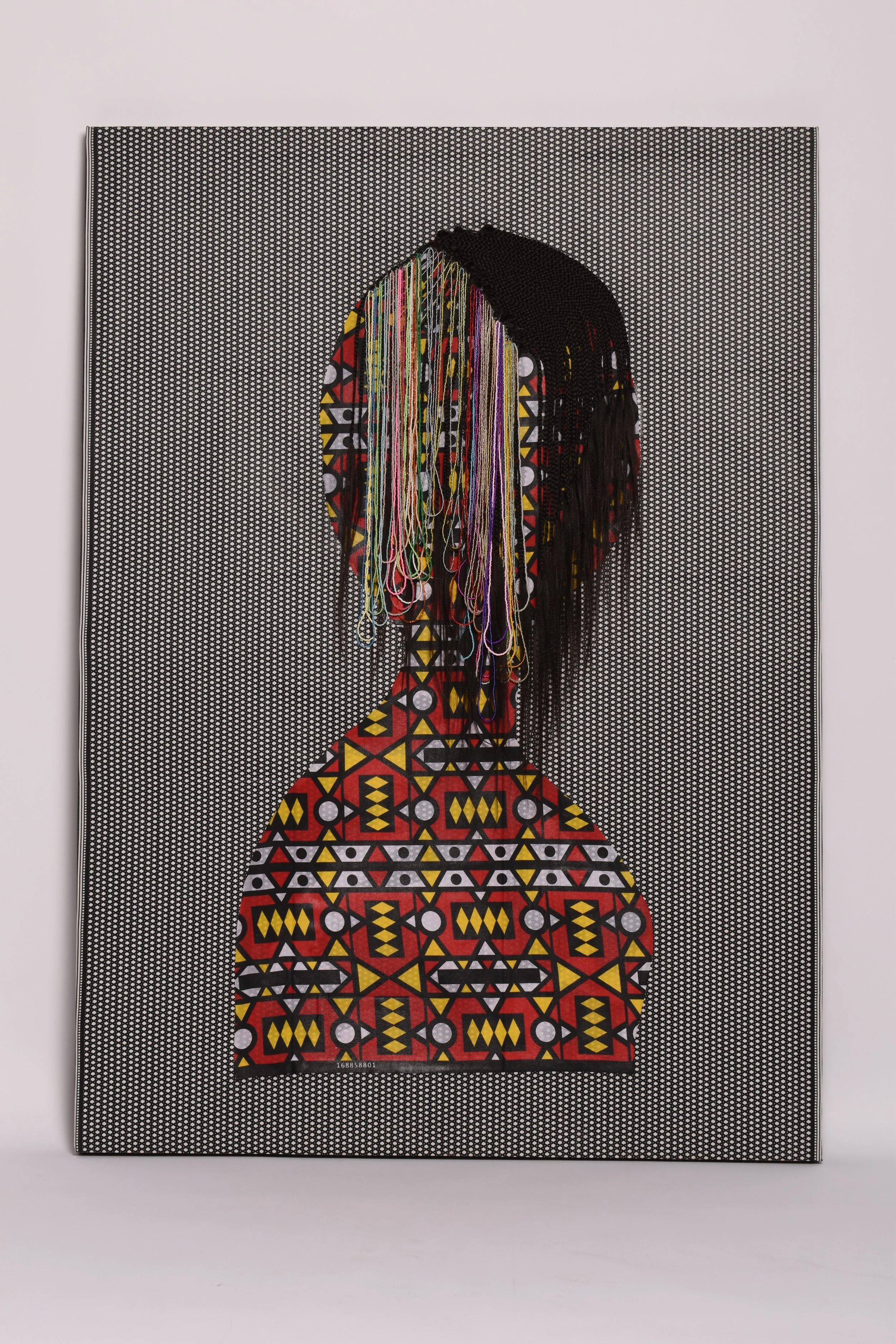 Mixed-media artwork of a woman with multicolored, patterned hair and clothing, set against a black and white dotted background.
