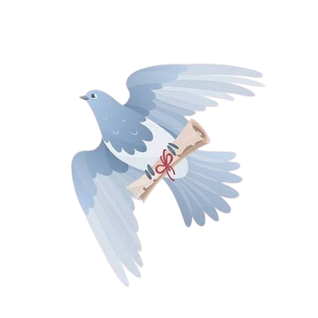 Illustration of a blue and white dove carrying a rolled parchment tied with a red ribbon.